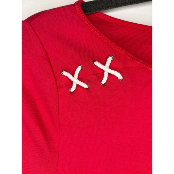 LRL Lauren Jeans Co Short Slv Top Womens M Red Nautical Stretch Criss Cross Rope - Picture 4 of 7